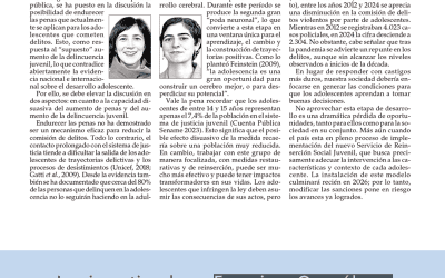 Las investigadoras Francisca González y Matilde Elton, publicaron la columna de opinión «“Más allá del castigo: lo que dice la evidencia sobre adolescencia y justicia juvenil”, en el diario El Mercurio